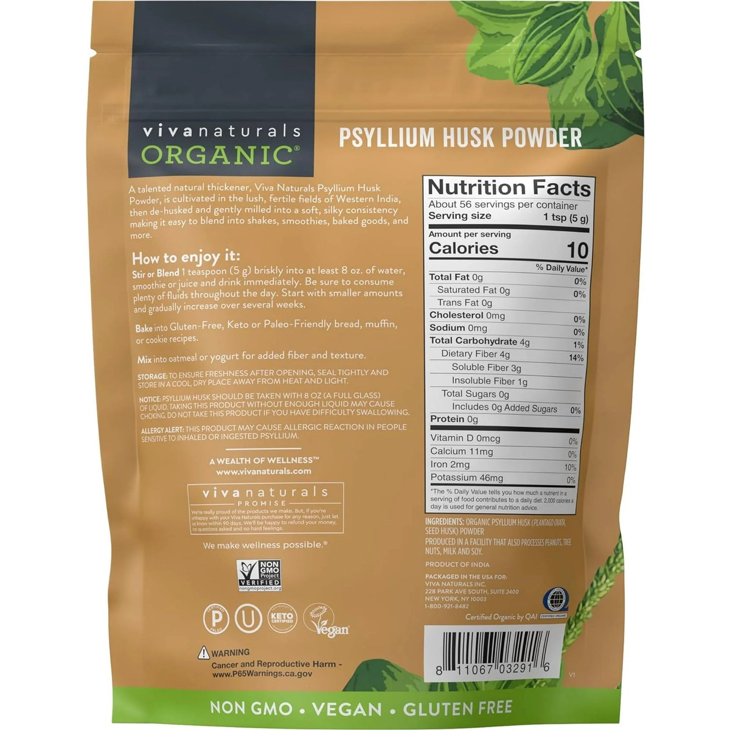 Organic Psyllium Husk Powder, 10 Oz-Finely Ground, Unflavored, Gluten-Free, Vegan, Keto and Paleo