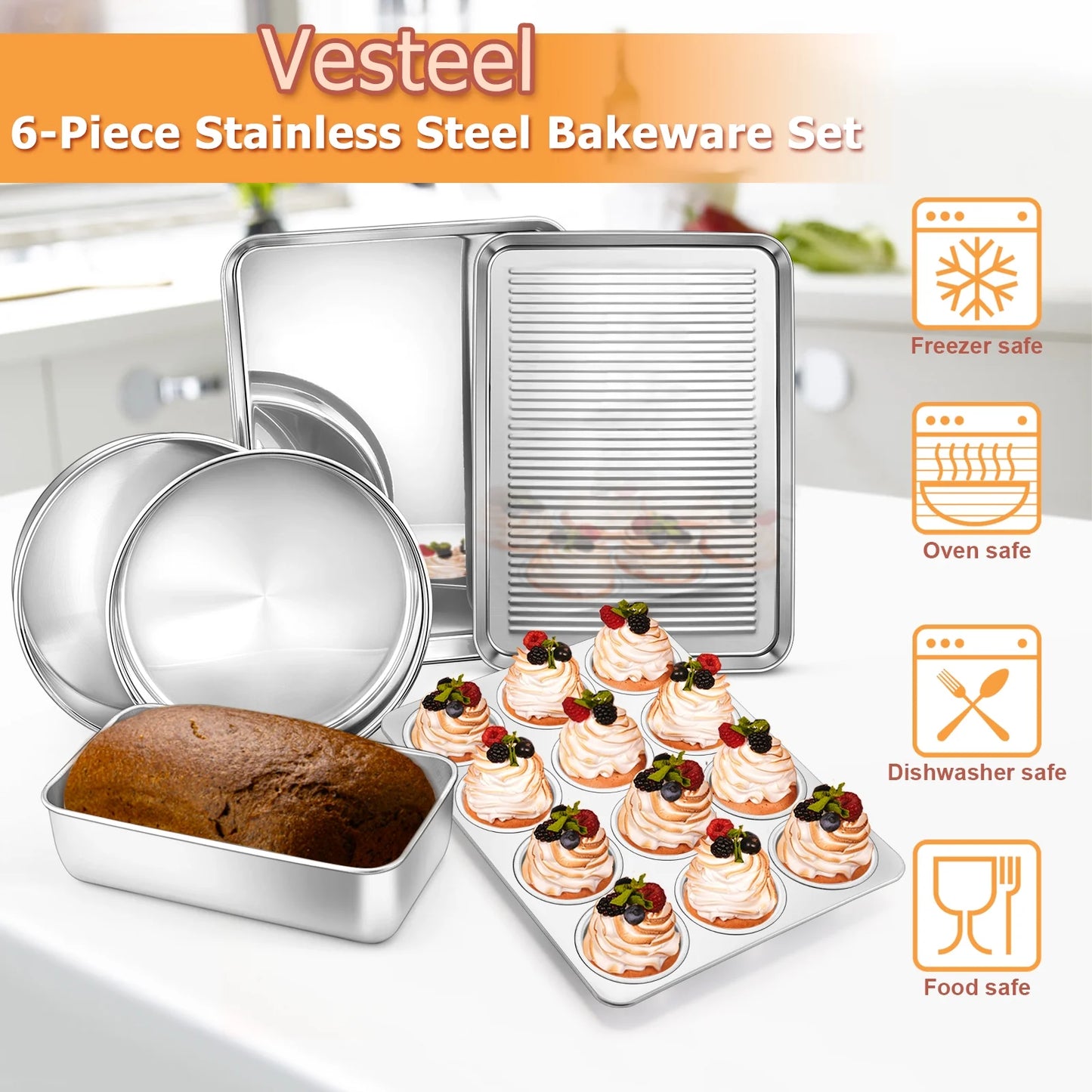 6-Piece Nonstick Bakeware Set, Stainless Steel Baking Pans Set for Oven, Include 8 Inches round Cake Pan/Rectangle Baking Cookie Sheet/Muffin/Loaf Pan, Non-Toxic & Heavy Duty, Dishwasher Safe
