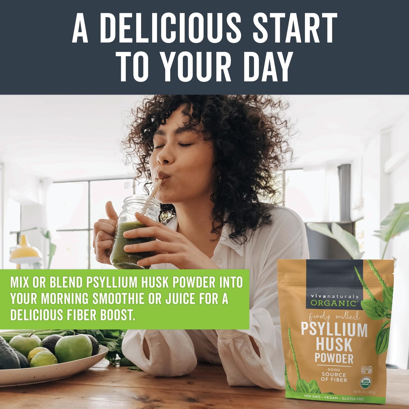 Viva Naturals Organic Psyllium Husk Powder 1.5 Lbs - Easy Mixing Fiber Supple