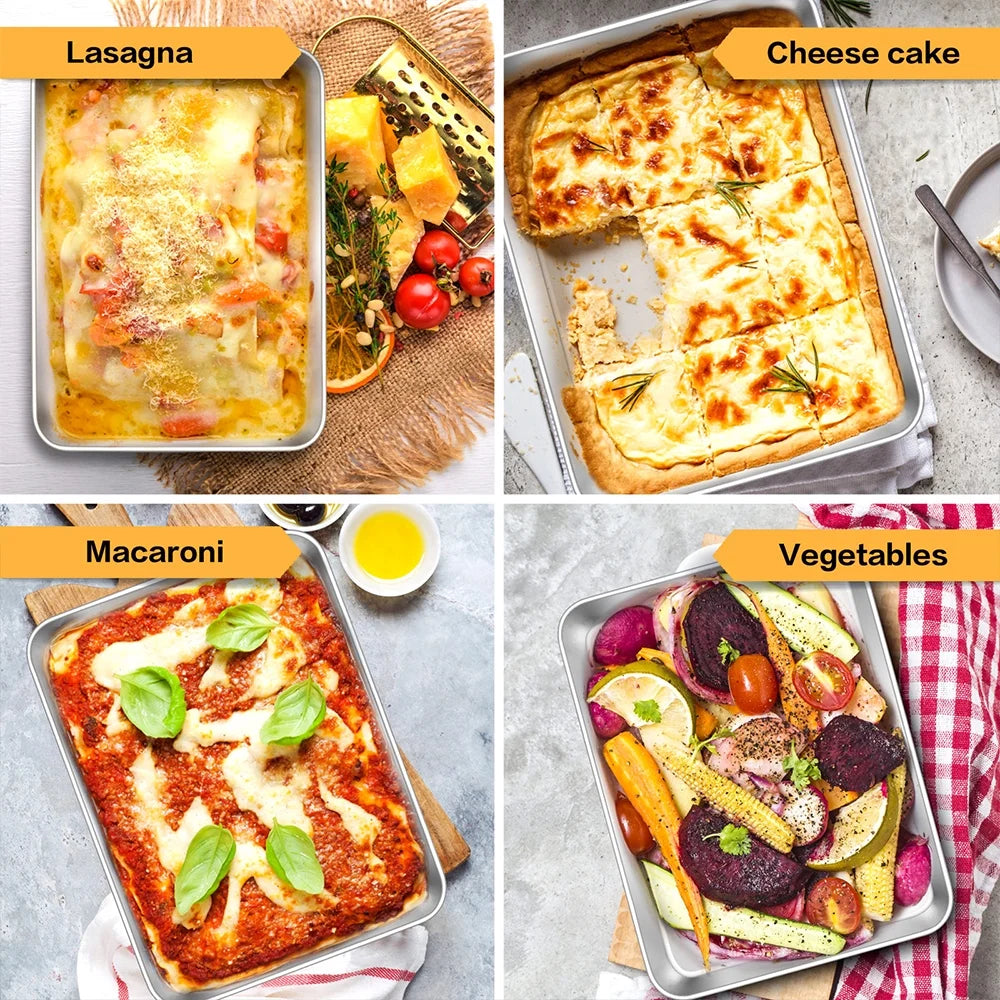 Stainless Steel Baking Pan with Lid, 12.2 X 9.5 X 2 Inch Rectangle Sheet Cake Pans with Covers Bakeware for Cakes Brownies Casseroles, Non-Toxic & Dishwasher Safe - Set of 2