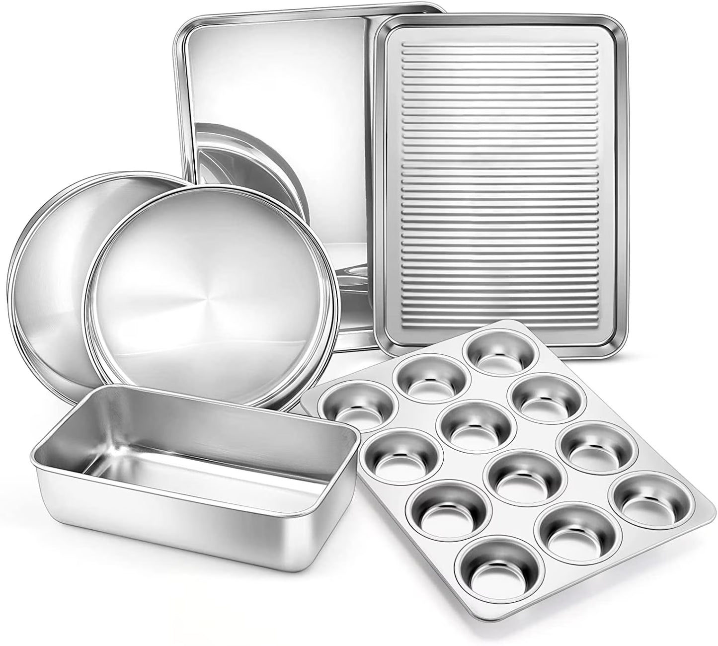 6-Piece Nonstick Bakeware Set, Stainless Steel Baking Pans Set for Oven, Include 8 Inches round Cake Pan/Rectangle Baking Cookie Sheet/Muffin/Loaf Pan, Non-Toxic & Heavy Duty, Dishwasher Safe