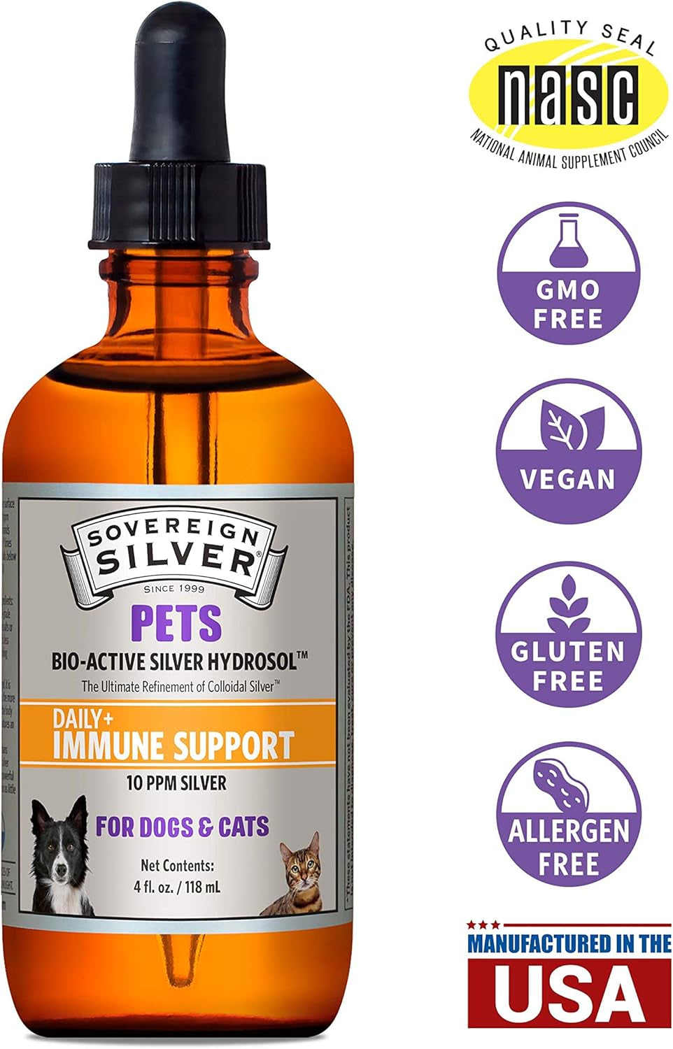 Pets Immune Support - Colloidal Silver, Bio-Active Silver Hydrosol, for Dogs and Cats 10 Ppm, Liquid Dropper, 4 Fl Oz, (118 Ml)