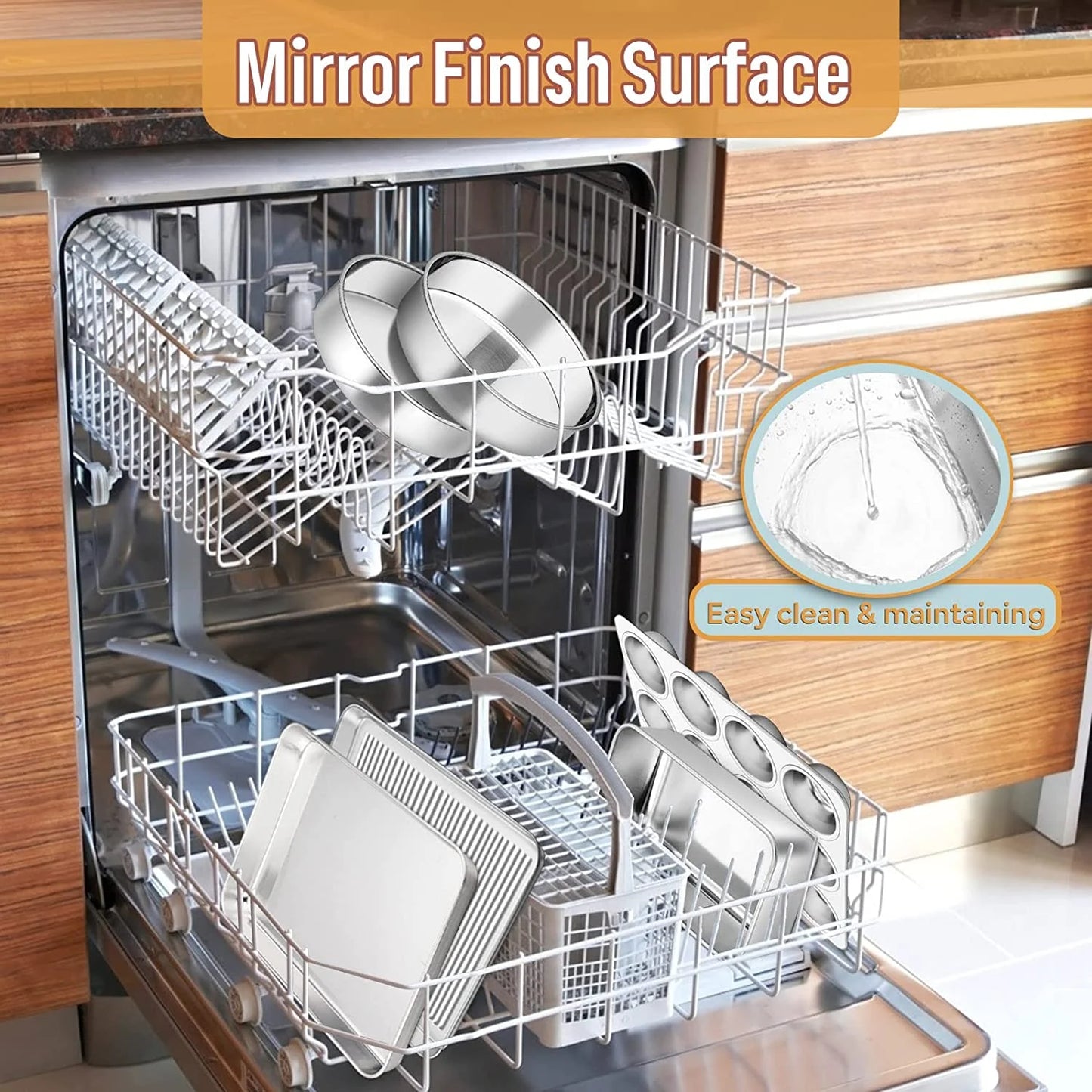 6-Piece Nonstick Bakeware Set, Stainless Steel Baking Pans Set for Oven, Include 8 Inches round Cake Pan/Rectangle Baking Cookie Sheet/Muffin/Loaf Pan, Non-Toxic & Heavy Duty, Dishwasher Safe