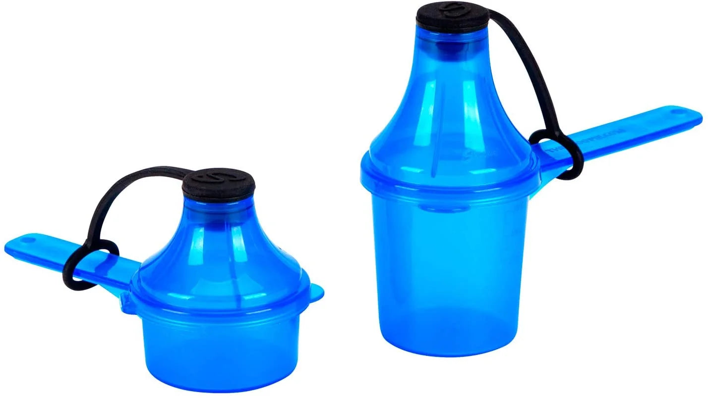, (15 Cc 30 Cc - 15 Ml 30 Ml - 1 Tbsp 2 Tbsp) To-Go Scoop with Funnel System, Food Storage Container for Powders and Supplements, Pre Workout Multi-Pack (2), Blue