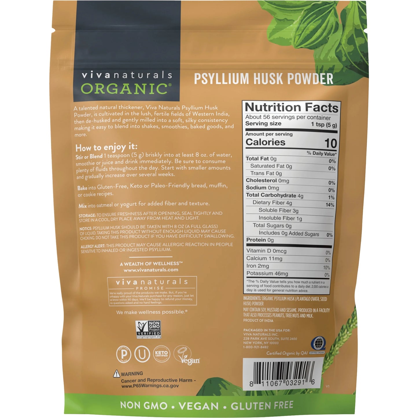 Organic Psyllium Husk Powder, 10 Oz-Finely Ground, Unflavored, Gluten-Free, Vegan, Keto and Paleo
