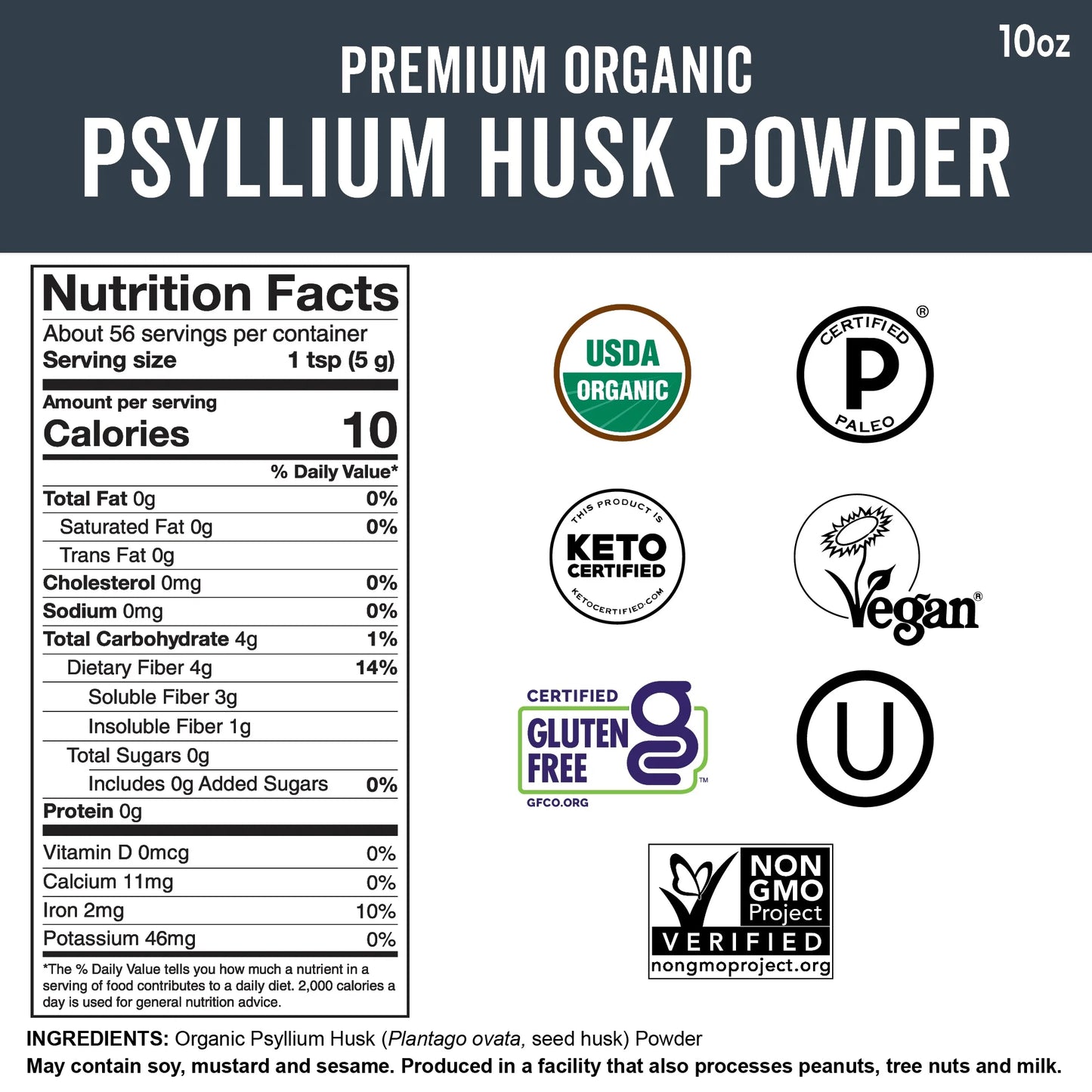 Organic Psyllium Husk Powder, 10 Oz-Finely Ground, Unflavored, Gluten-Free, Vegan, Keto and Paleo
