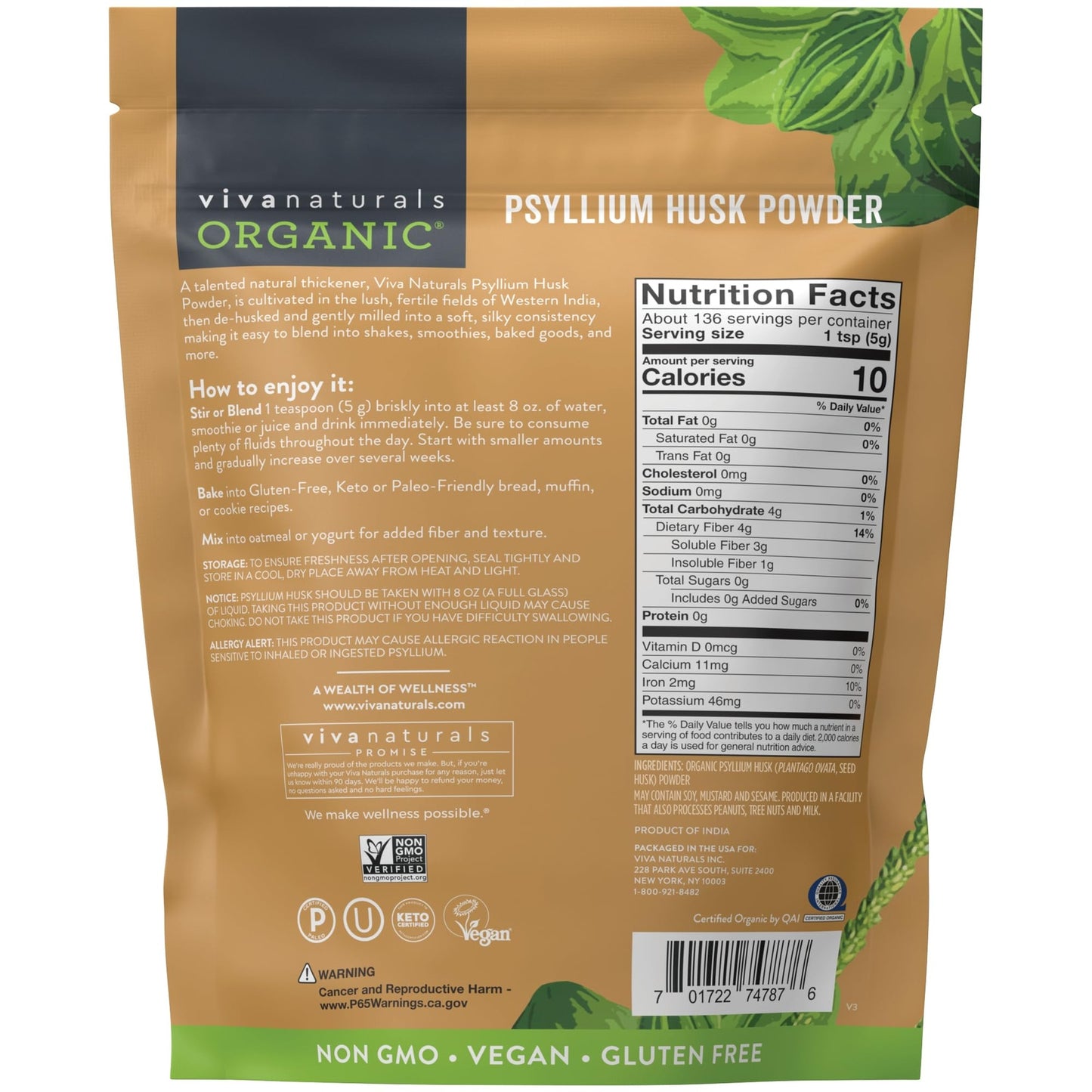 Viva Naturals Organic Psyllium Husk Powder 1.5 Lbs - Easy Mixing Fiber Supple