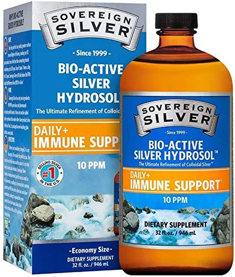 Sovereign Silver Bio-Active Silver Hydrosol for Immune Support - 10 Ppm, 32Oz (946Ml) - Economy Size – plus 2 Oz Fine Mist Spray