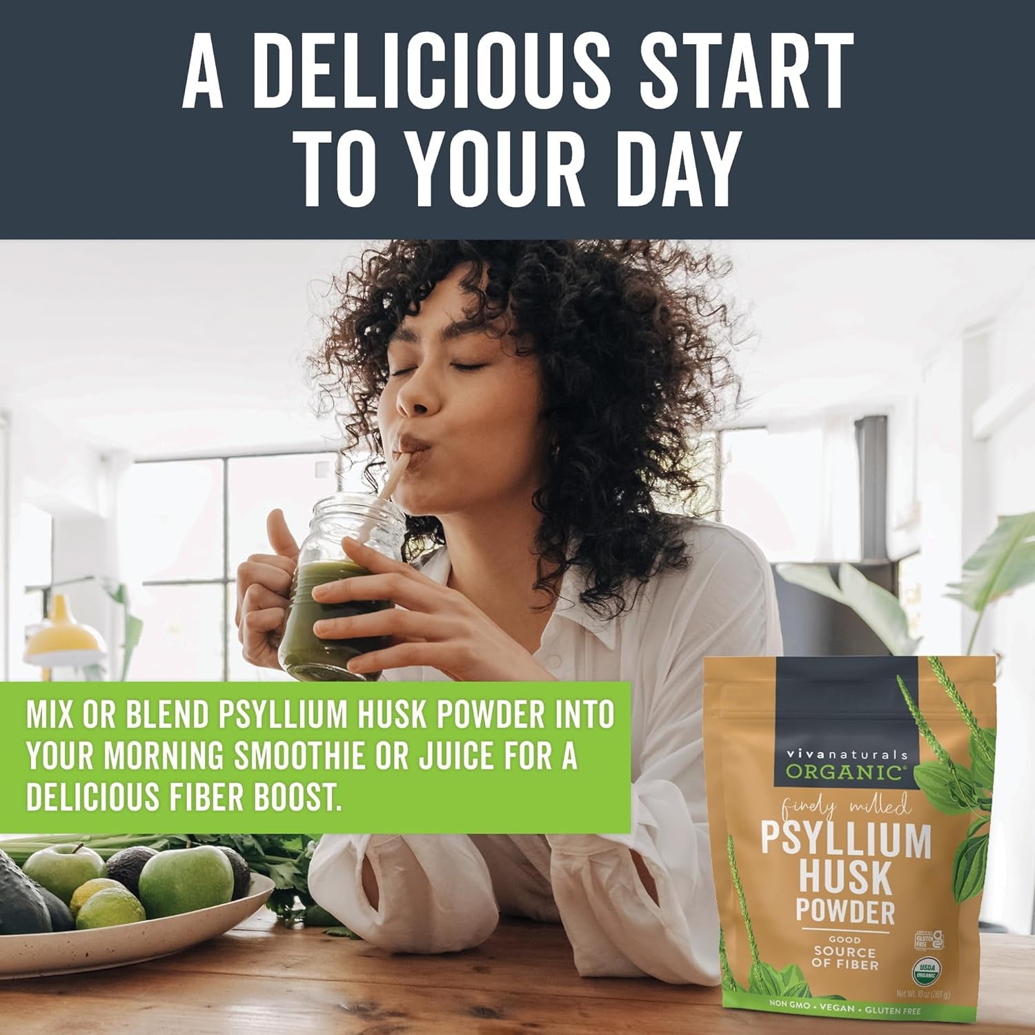 Organic Psyllium Husk Powder, 10 Oz - Finely Ground, Unflavored Plant Based Supe