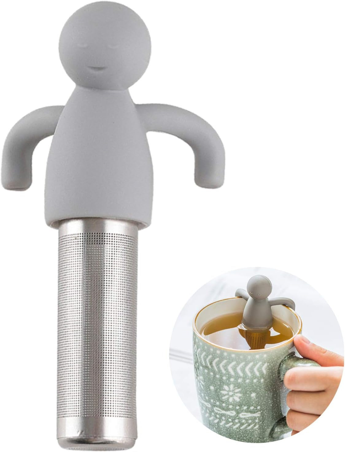 Tea Infuser for Loose Leaf Tea Cute Tea Strainer Ball Stainless Steel Extra Fine Mesh Tea Steeper Filter for Cup Mug Silicone Handle Grey