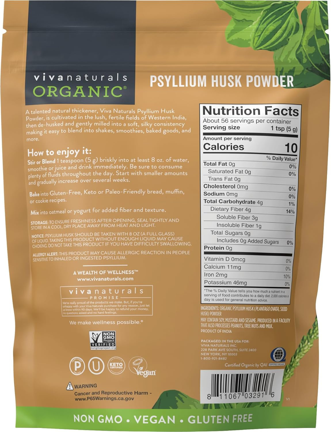 Organic Psyllium Husk Powder, 10 Oz - Finely Ground, Unflavored Plant Based Supe