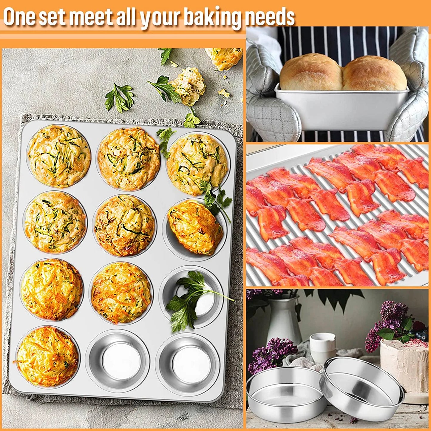 6-Piece Nonstick Bakeware Set, Stainless Steel Baking Pans Set for Oven, Include 8 Inches round Cake Pan/Rectangle Baking Cookie Sheet/Muffin/Loaf Pan, Non-Toxic & Heavy Duty, Dishwasher Safe