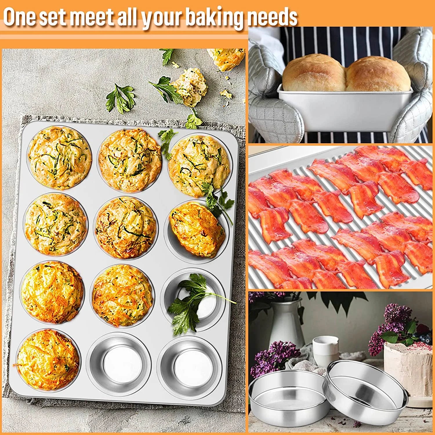 6-Piece Nonstick Bakeware Set, Stainless Steel Baking Pans Set for Oven, Include 8 Inches round Cake Pan/Rectangle Baking Cookie Sheet/Muffin/Loaf Pan, Non-Toxic & Heavy Duty, Dishwasher Safe