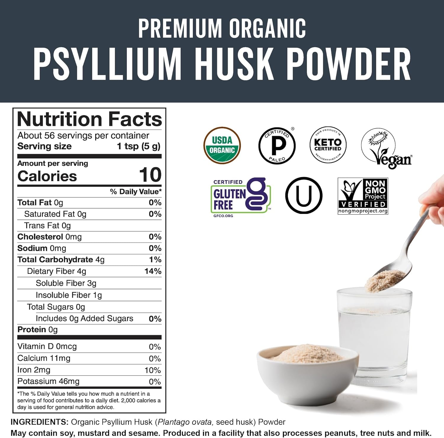 Organic Psyllium Husk Powder, 10 Oz - Finely Ground, Unflavored Plant Based Supe