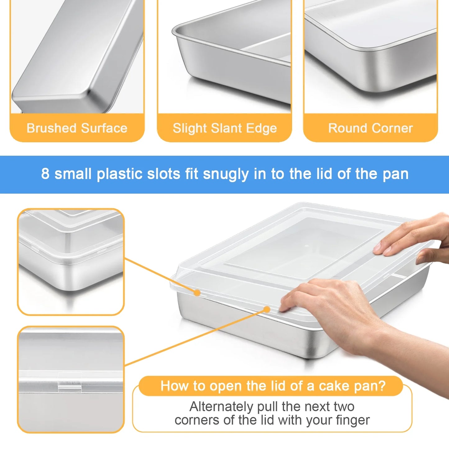 Stainless Steel Baking Pan with Lid, 12.2 X 9.5 X 2 Inch Rectangle Sheet Cake Pans with Covers Bakeware for Cakes Brownies Casseroles, Non-Toxic & Dishwasher Safe - Set of 2
