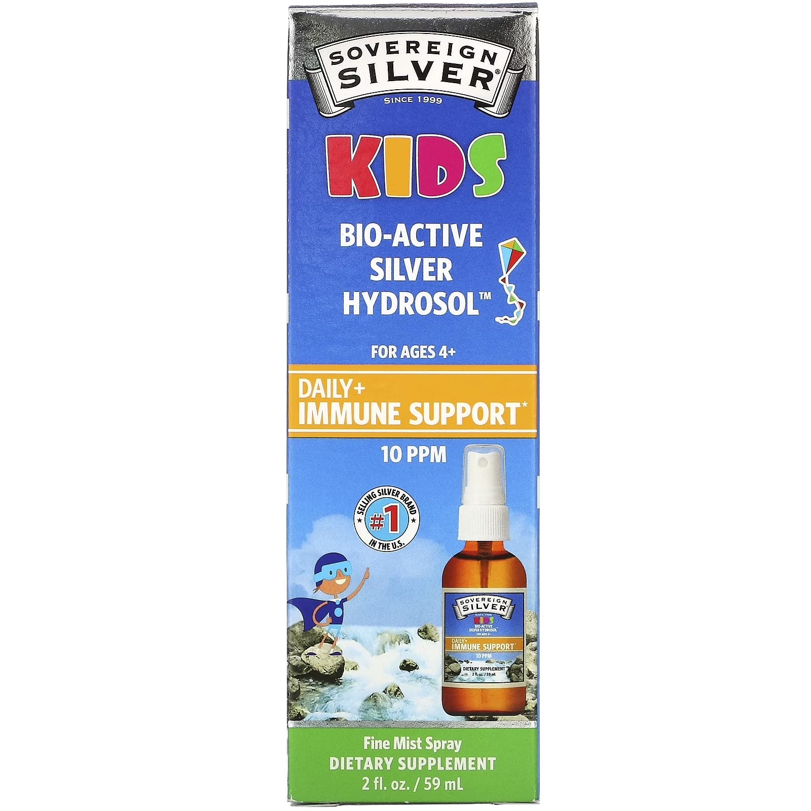 Kids Bio-Active Silver Hydrosol, Daily Immune Support Spray, Ages 4+, 10 PPM, 2 Fl Oz (59 Ml), Mineral Supplements