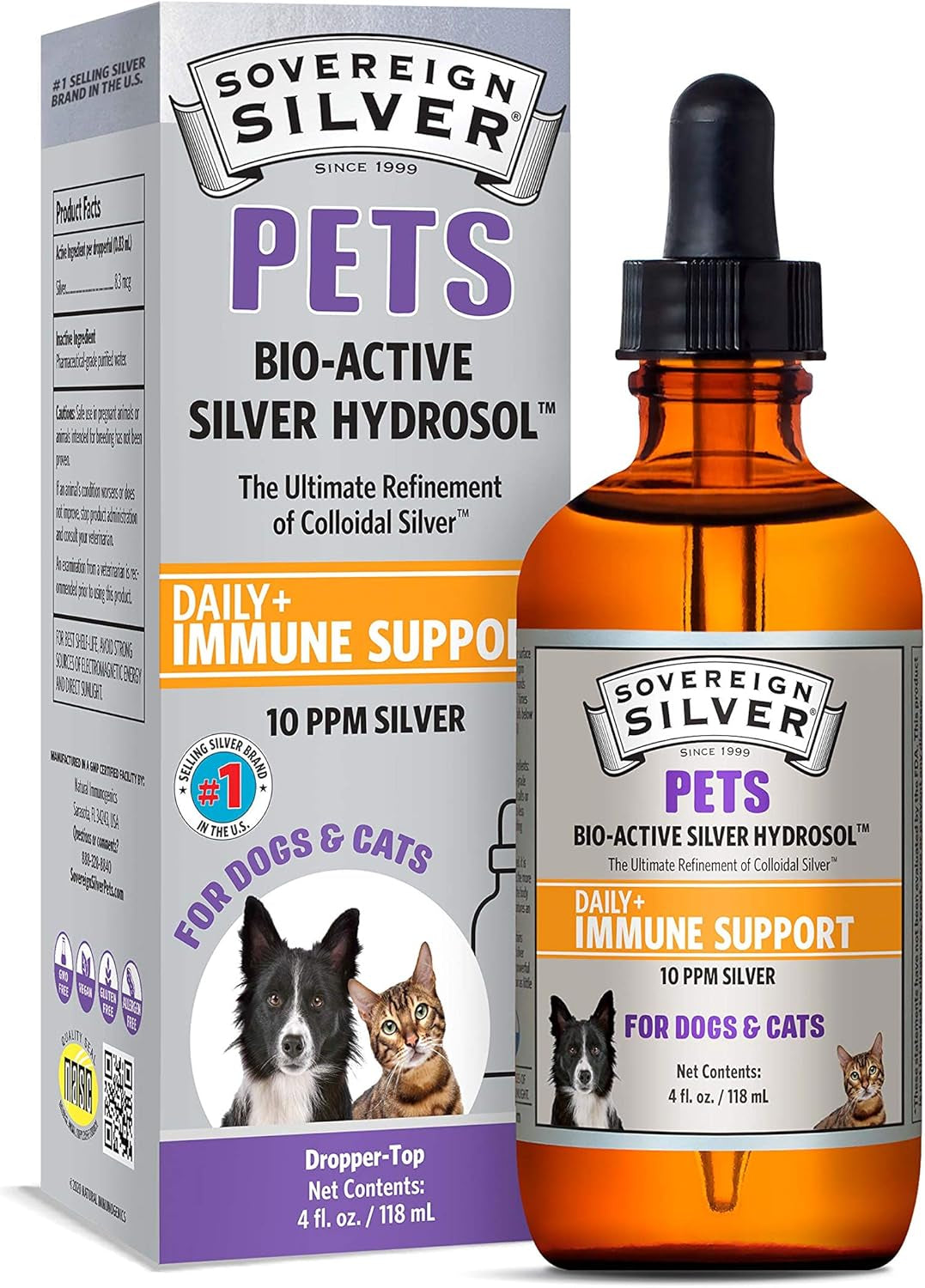 Pets Immune Support - Colloidal Silver, Bio-Active Silver Hydrosol, for Dogs and Cats 10 Ppm, Liquid Dropper, 4 Fl Oz, (118 Ml)