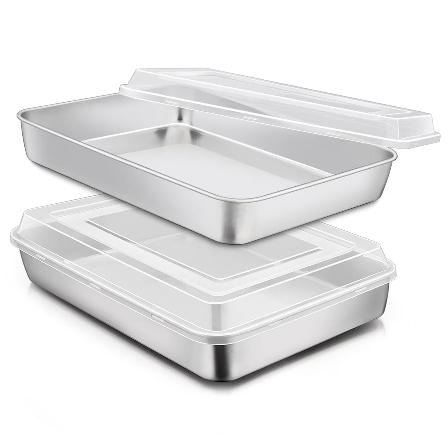 Stainless Steel Baking Pan with Lid, 12.2 X 9.5 X 2 Inch Rectangle Sheet Cake Pans with Covers Bakeware for Cakes Brownies Casseroles, Non-Toxic & Dishwasher Safe - Set of 2