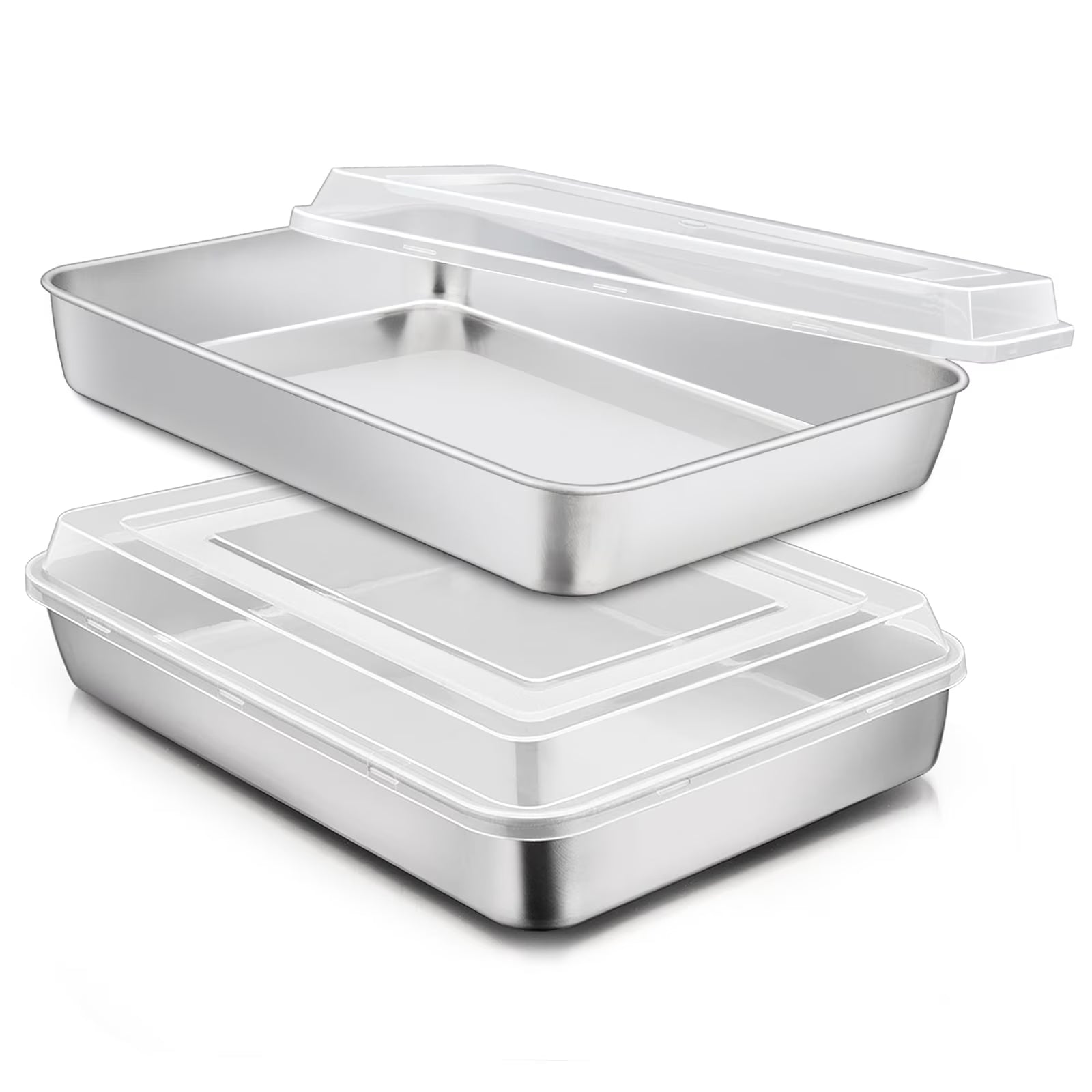 Stainless Steel Baking Pan with Lid, 12.2 X 9.5 X 2 Inch Rectangle Sheet Cake Pans with Covers Bakeware for Cakes Brownies Casseroles, Non-Toxic & Dishwasher Safe - Set of 2