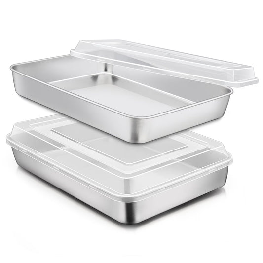 Stainless Steel Baking Pan with Lid, 12.2 X 9.5 X 2 Inch Rectangle Sheet Cake Pans with Covers Bakeware for Cakes Brownies Casseroles, Non-Toxic & Dishwasher Safe - Set of 2