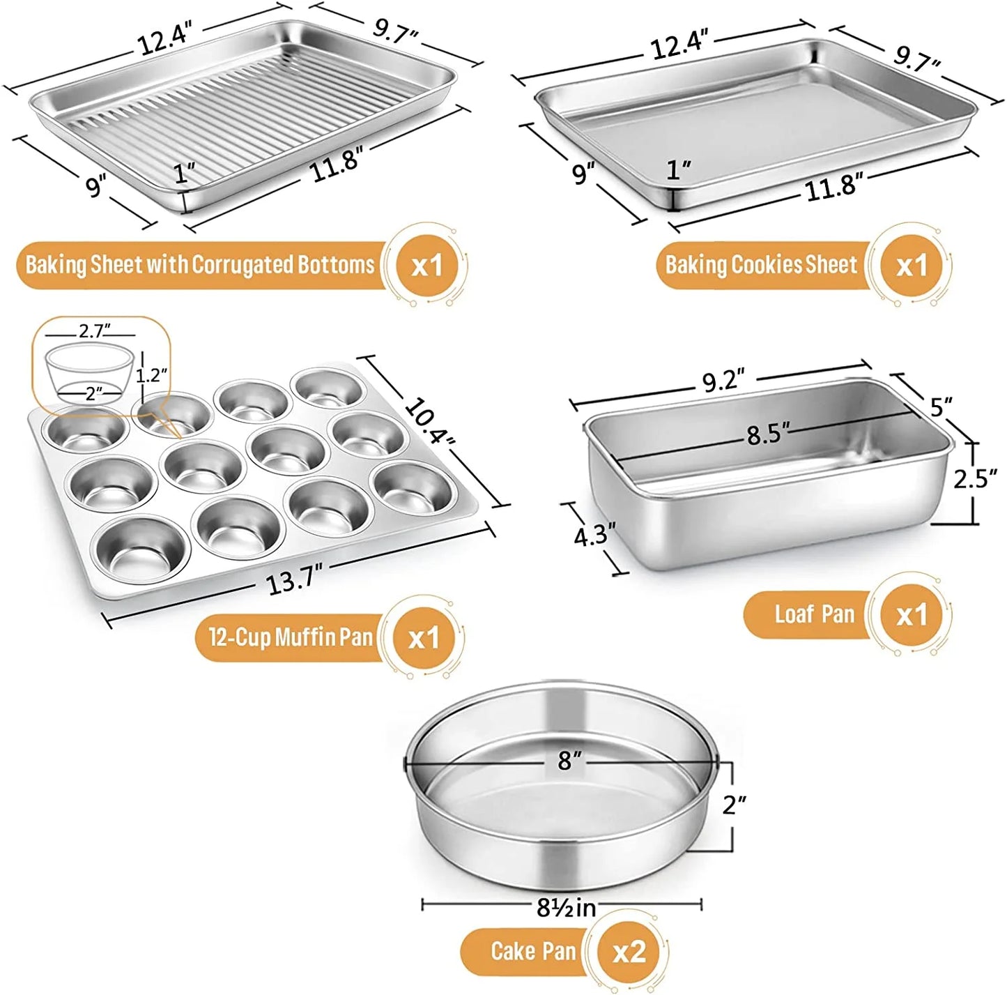 6-Piece Nonstick Bakeware Set, Stainless Steel Baking Pans Set for Oven, Include 8 Inches round Cake Pan/Rectangle Baking Cookie Sheet/Muffin/Loaf Pan, Non-Toxic & Heavy Duty, Dishwasher Safe