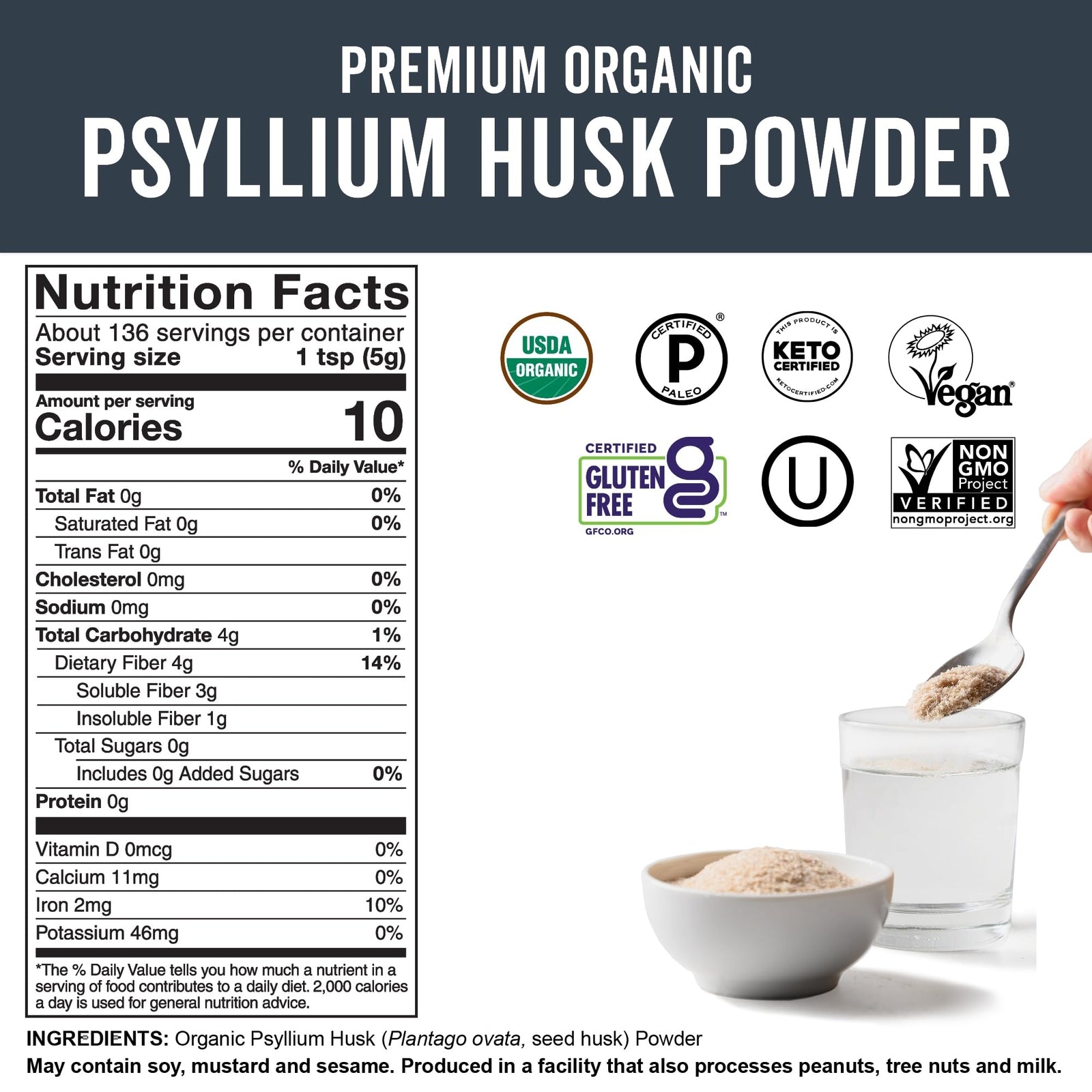 Viva Naturals Organic Psyllium Husk Powder 1.5 Lbs - Easy Mixing Fiber Supple