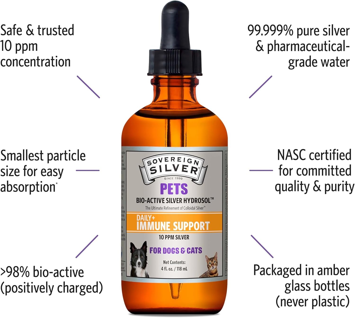Pets Immune Support - Colloidal Silver, Bio-Active Silver Hydrosol, for Dogs and Cats 10 Ppm, Liquid Dropper, 4 Fl Oz, (118 Ml)