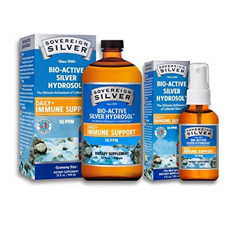 Sovereign Silver Bio-Active Silver Hydrosol for Immune Support - 10 Ppm, 32Oz (946Ml) - Economy Size – plus 2 Oz Fine Mist Spray