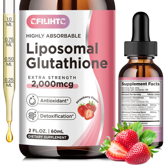 Liposomal Glutathione Liquid Drops Glutathione Liquid Supplement Active Form L- Glutathione with Vitamin C Liver Detox Antioxidant for Anti-Aging Immune & Cleansing Strawberry Flavor 2 FL.OZ